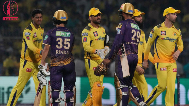 Chennai Super Kings players in yellow greet Kolkata Knight Riders's batsmen after winning the Indian Premier League (IPL) cricket match between Chennai Super Kings and Kolkata Knight Riders in Kolkata,