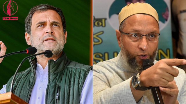 Congress leader Rahul Gandhi and AIMIM chief Asaduddin Owaisi (R)